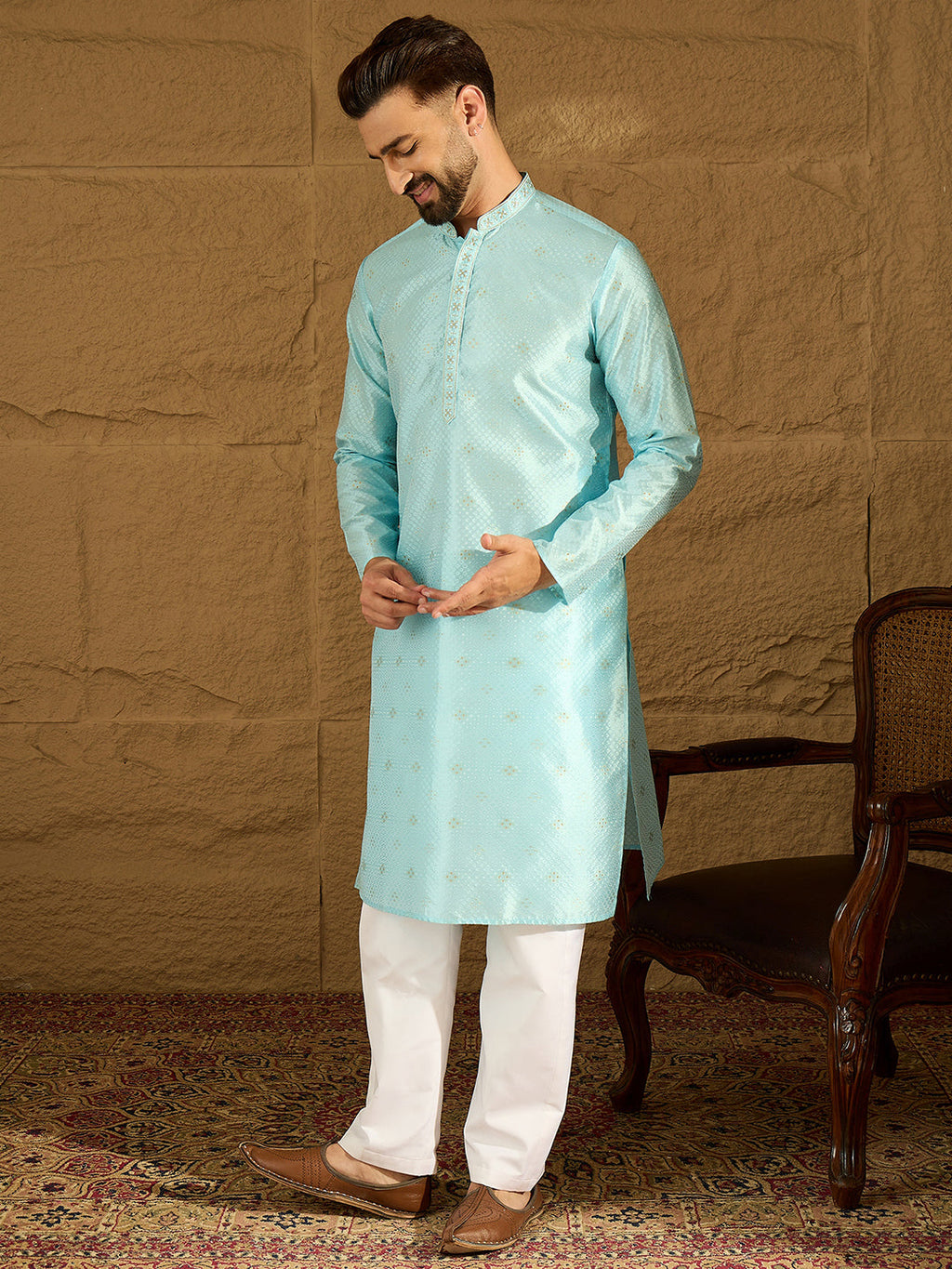 Men Blue Silk Blend Solid Woven Design Straight Kurta with Trouser-MKSET1350