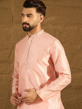 Men Peach Polyester Solid Embroidered Straight Kurta with Trouser-MKSET1351