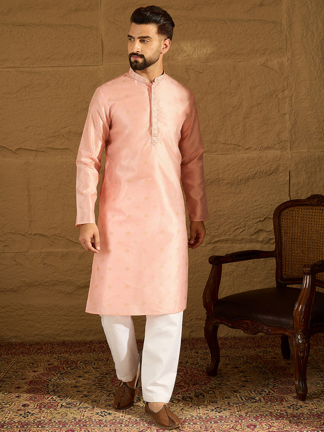 Men Peach Polyester Solid Embroidered Straight Kurta with Trouser-MKSET1351