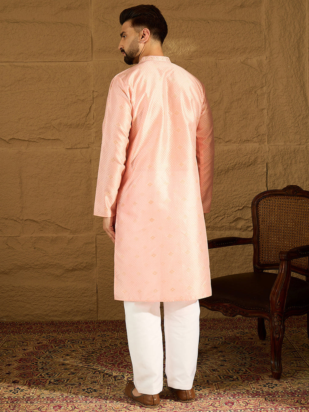 Men Peach Polyester Solid Embroidered Straight Kurta with Trouser-MKSET1351