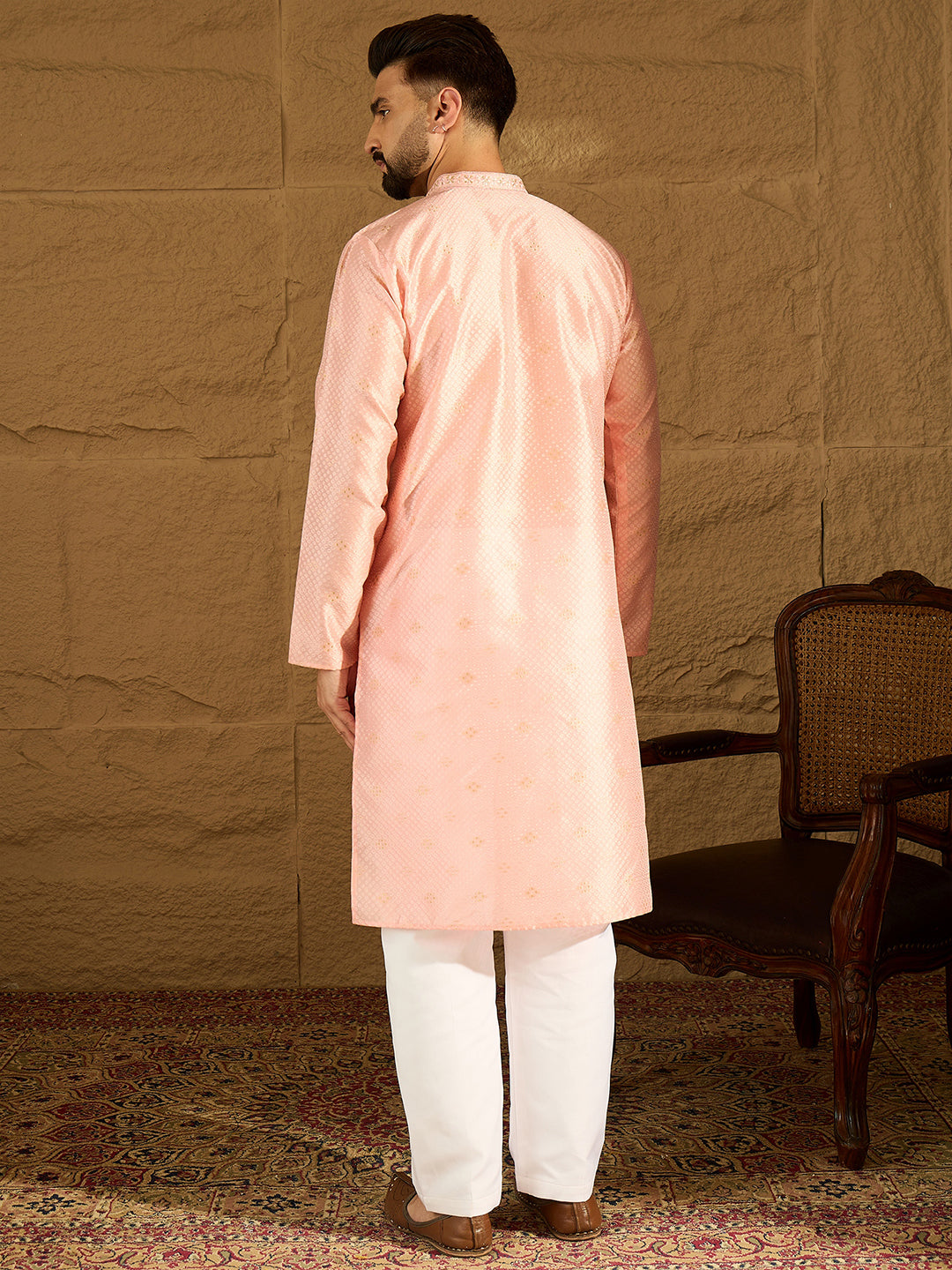 Men Peach Polyester Solid Embroidered Straight Kurta with Trouser-MKSET1351