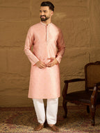 Men Peach Polyester Solid Embroidered Straight Kurta with Trouser-MKSET1351