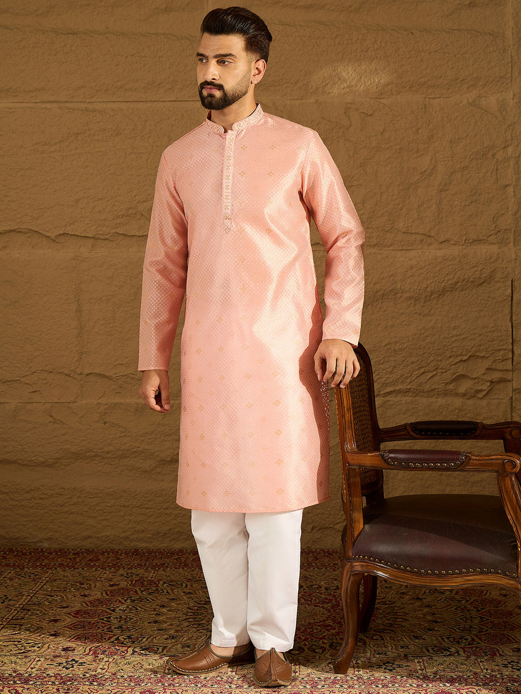 Men Peach Polyester Solid Embroidered Straight Kurta with Trouser-MKSET1351