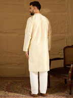 Men Off White Silk Blend Solid Woven Design Straight Kurta with Trouser-MKSET1352