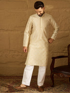 Men Off White Silk Blend Solid Woven Design Straight Kurta with Trouser-MKSET1352