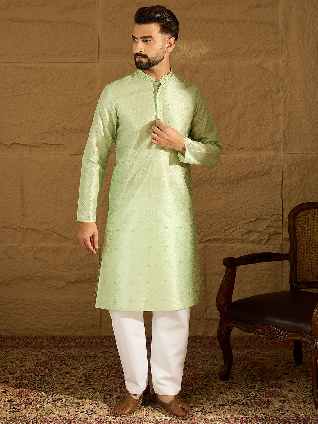 Men Yellow Silk Blend Solid Woven Design Straight Kurta with Trouser-MKSET1354