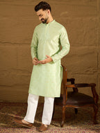 Men Yellow Silk Blend Solid Woven Design Straight Kurta with Trouser-MKSET1354