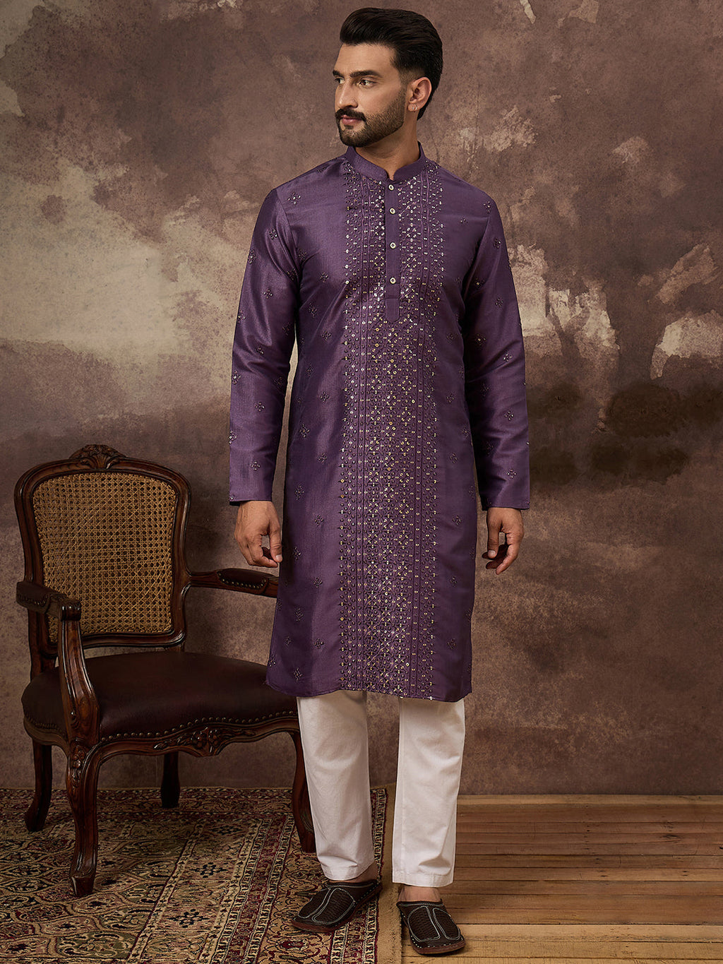 Men Purple Silk Blend Embroidered Sequins Straight Kurta with Trouser-MKSET1366