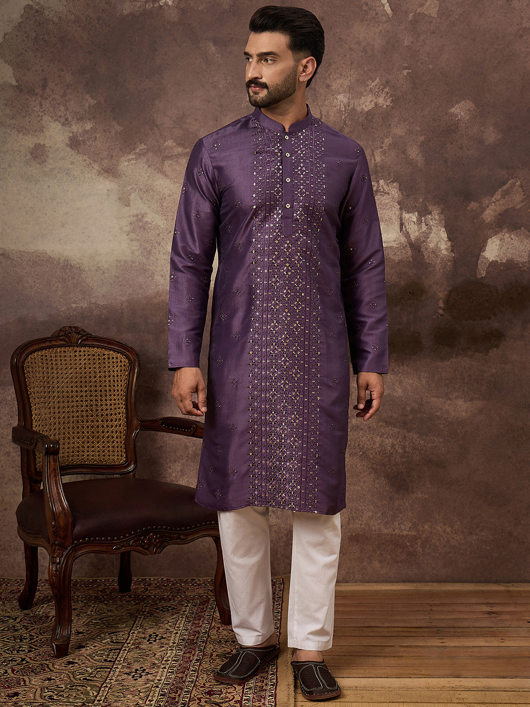 Men Purple Silk Blend Embroidered Sequins Straight Kurta with Trouser-MKSET1366