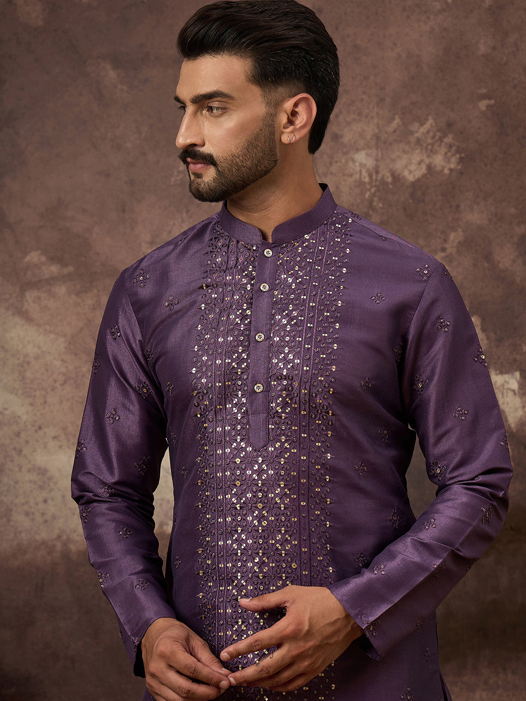 Men Purple Silk Blend Embroidered Sequins Straight Kurta with Trouser-MKSET1366