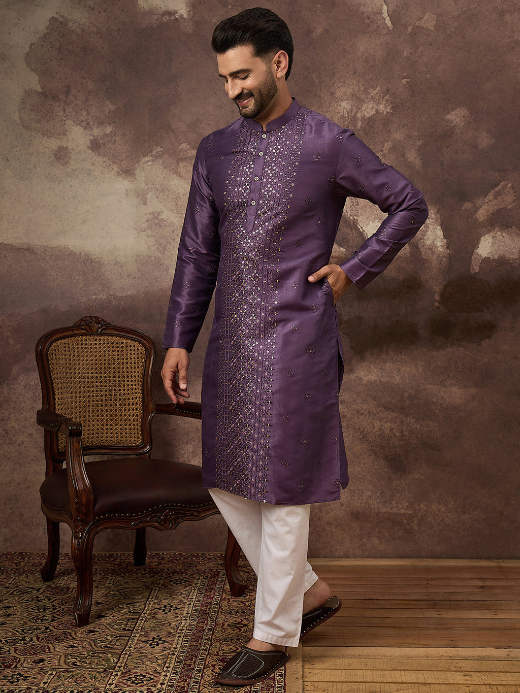 Men Purple Silk Blend Embroidered Sequins Straight Kurta with Trouser-MKSET1366