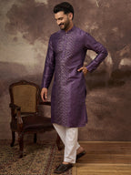 Men Purple Silk Blend Embroidered Sequins Straight Kurta with Trouser-MKSET1366