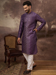 Men Purple Silk Blend Embroidered Sequins Straight Kurta with Trouser-MKSET1366