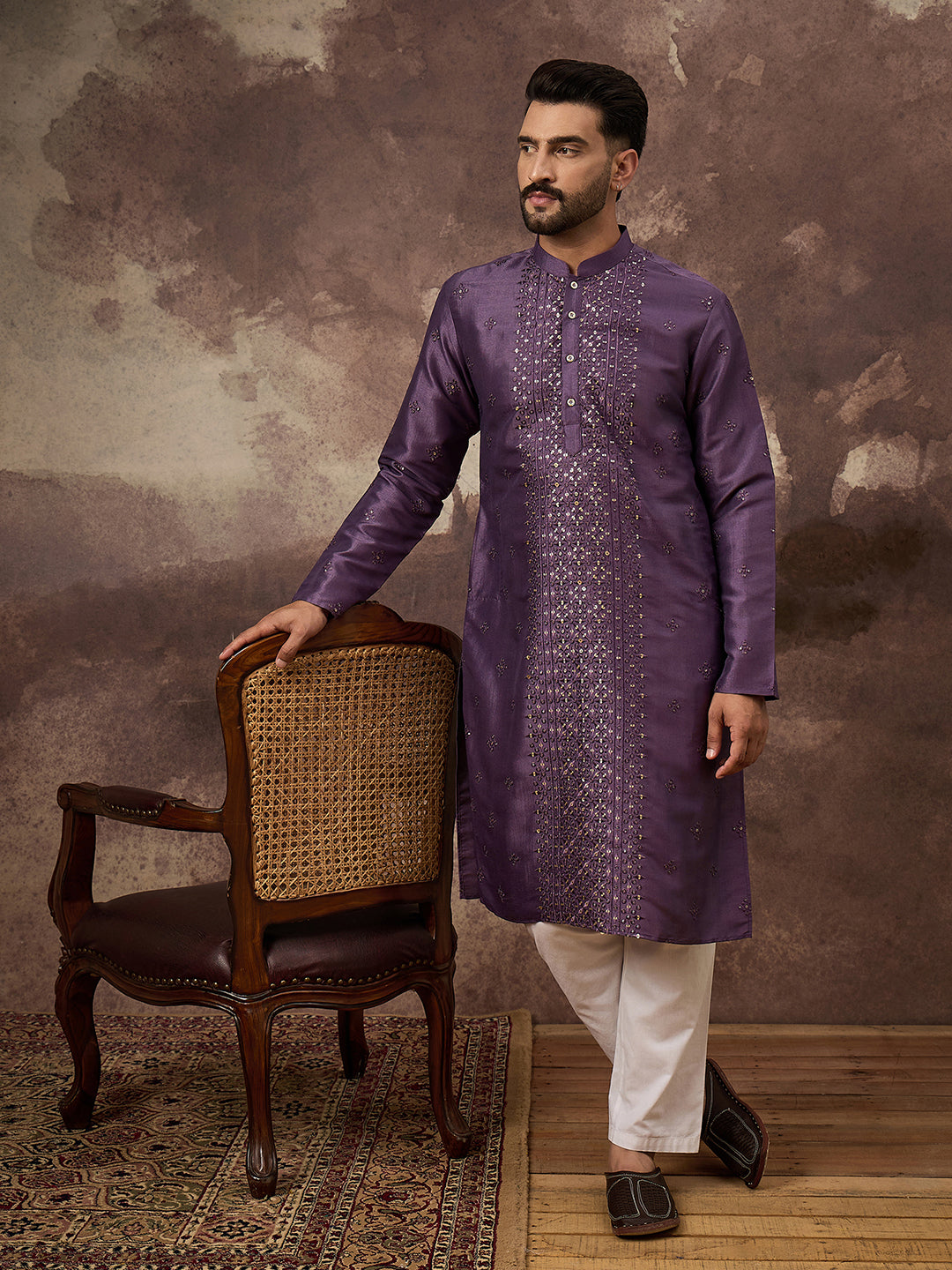 Men Purple Silk Blend Embroidered Sequins Straight Kurta with Trouser-MKSET1366