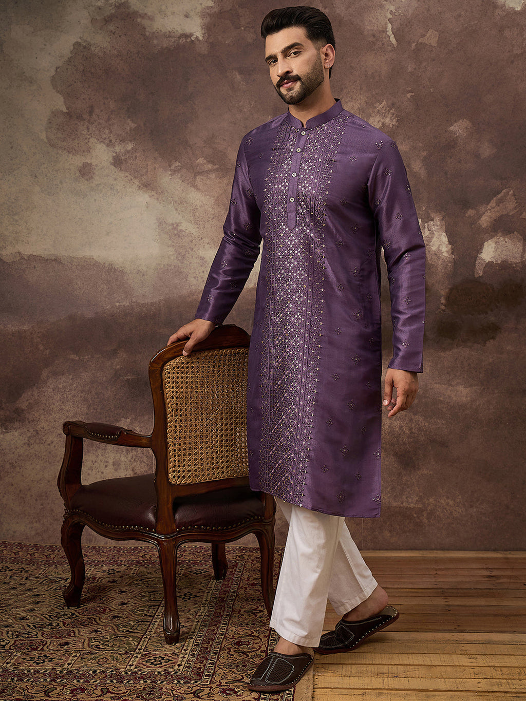 Men Purple Silk Blend Embroidered Sequins Straight Kurta with Trouser-MKSET1366