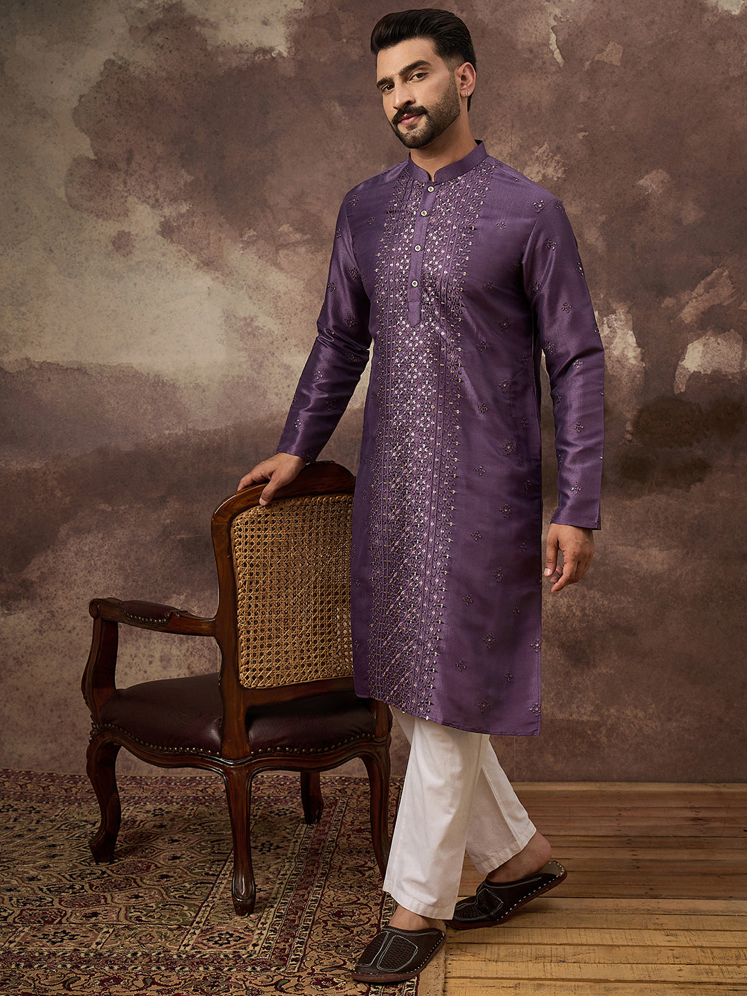 Men Purple Silk Blend Embroidered Sequins Straight Kurta with Trouser-MKSET1366