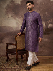 Men Purple Silk Blend Embroidered Sequins Straight Kurta with Trouser-MKSET1366