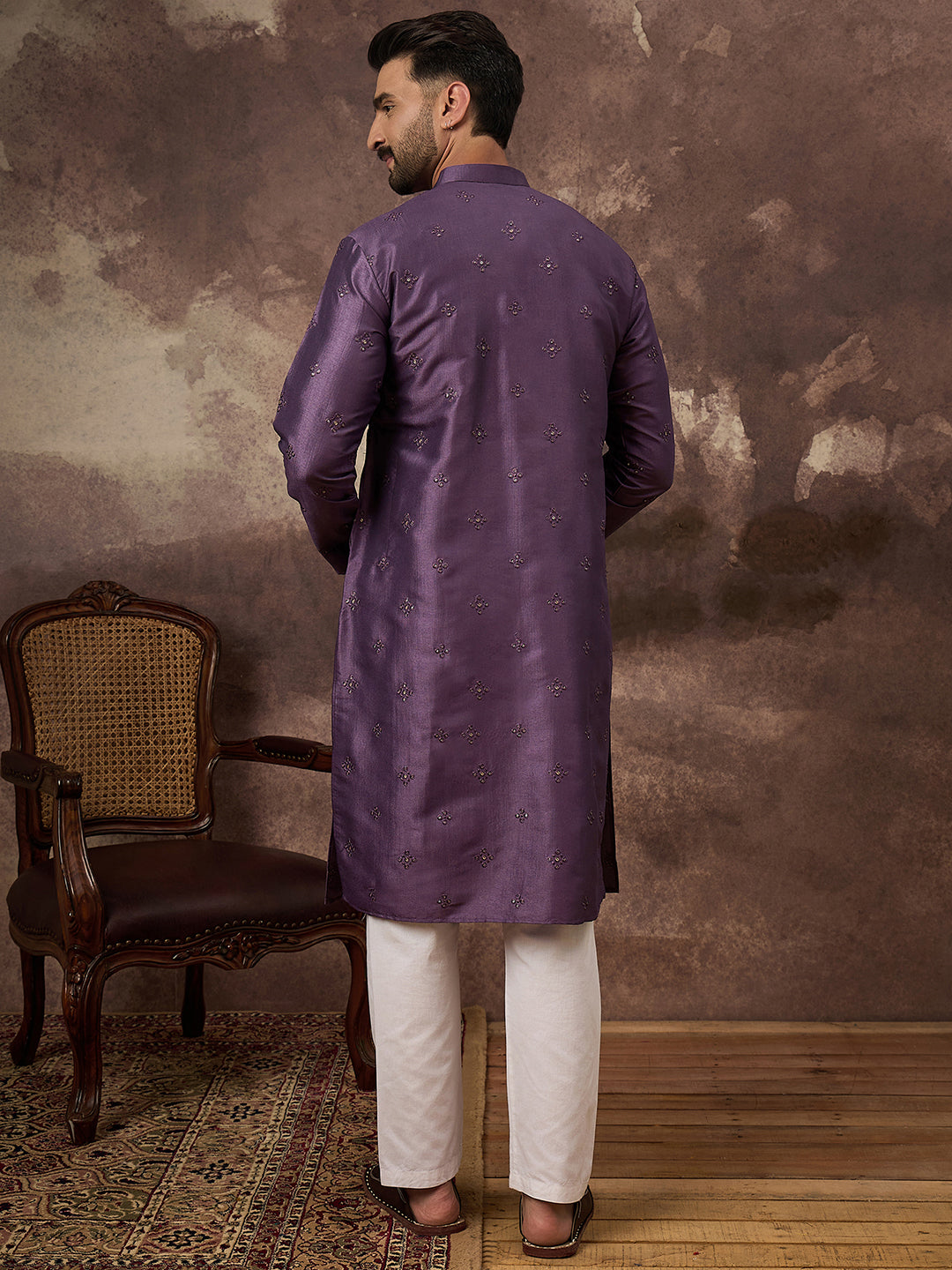 Men Purple Silk Blend Embroidered Sequins Straight Kurta with Trouser-MKSET1366