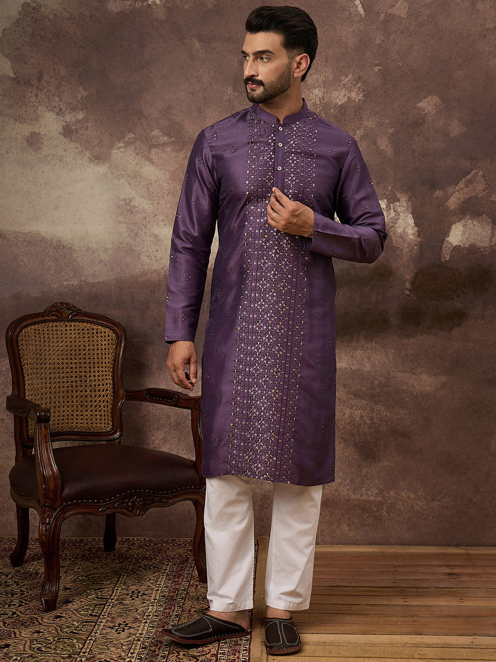 Men Purple Silk Blend Embroidered Sequins Straight Kurta with Trouser-MKSET1366