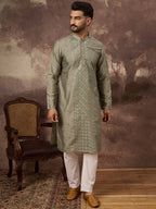 Men Green Silk Blend Solid Embroidered Straight Kurta with Trouser-MKSET1367
