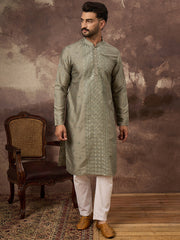 Men Green Silk Blend Solid Embroidered Straight Kurta with Trouser-MKSET1367