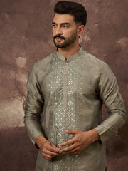 Men Green Silk Blend Solid Embroidered Straight Kurta with Trouser-MKSET1367