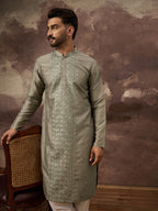 Men Green Silk Blend Solid Embroidered Straight Kurta with Trouser-MKSET1367