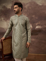Men Green Silk Blend Solid Embroidered Straight Kurta with Trouser-MKSET1367
