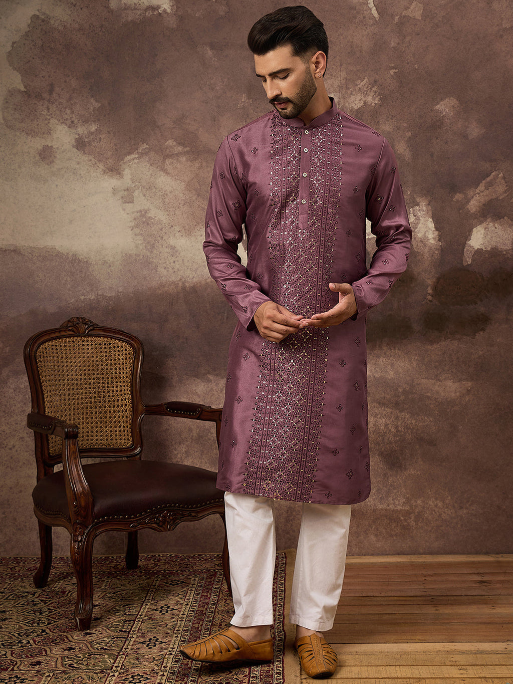 Men Mavue Silk Blend Solid Embroidered Straight Kurta with Trouser-MKSET1368