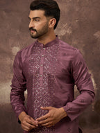 Men Mavue Silk Blend Solid Embroidered Straight Kurta with Trouser-MKSET1368
