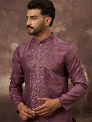 Men Mavue Silk Blend Solid Embroidered Straight Kurta with Trouser-MKSET1368
