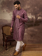 Men Mavue Silk Blend Solid Embroidered Straight Kurta with Trouser-MKSET1368