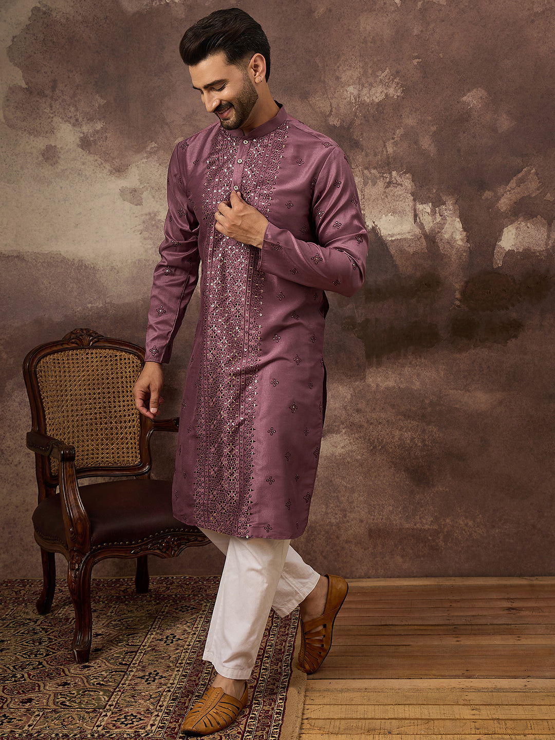 Men Mavue Silk Blend Solid Embroidered Straight Kurta with Trouser-MKSET1368