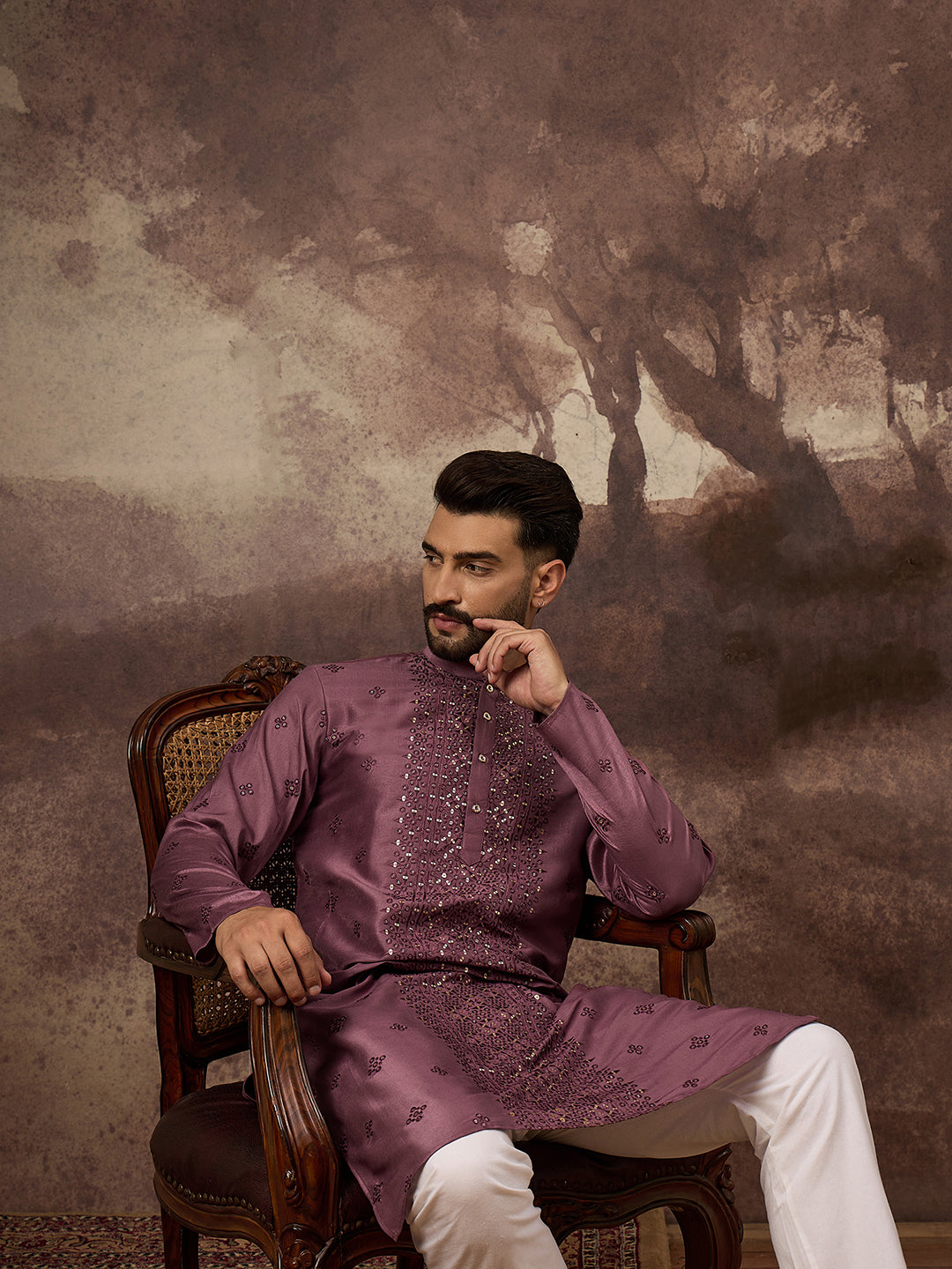 Men Mavue Silk Blend Solid Embroidered Straight Kurta with Trouser-MKSET1368