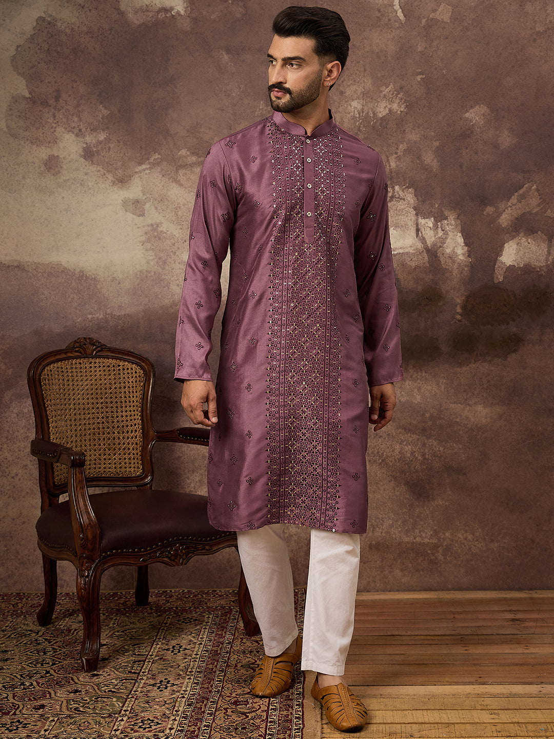 Men Mavue Silk Blend Solid Embroidered Straight Kurta with Trouser-MKSET1368