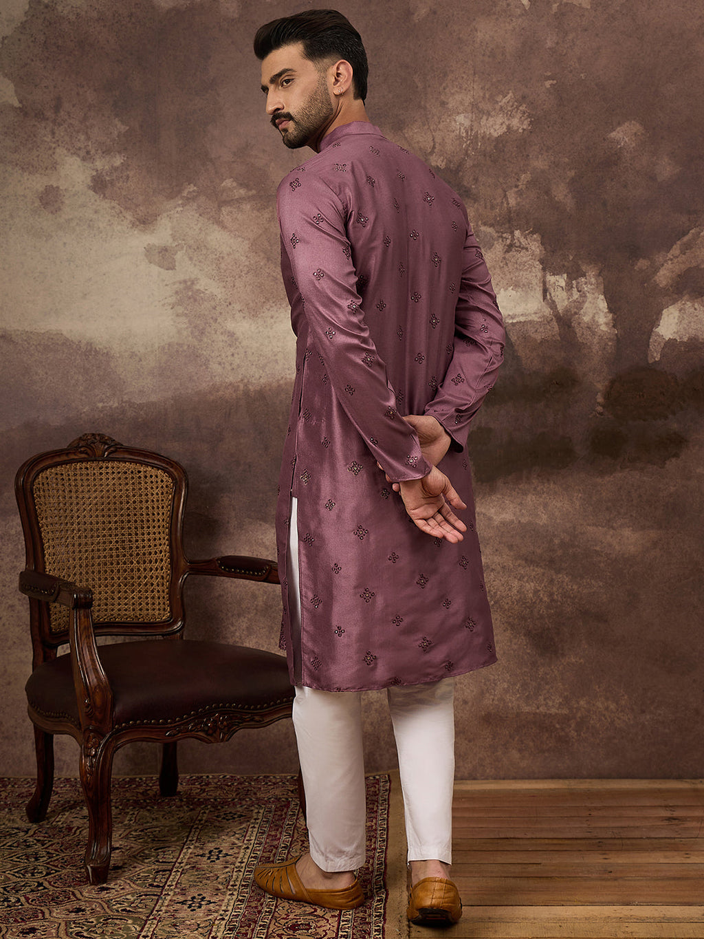 Men Mavue Silk Blend Solid Embroidered Straight Kurta with Trouser-MKSET1368