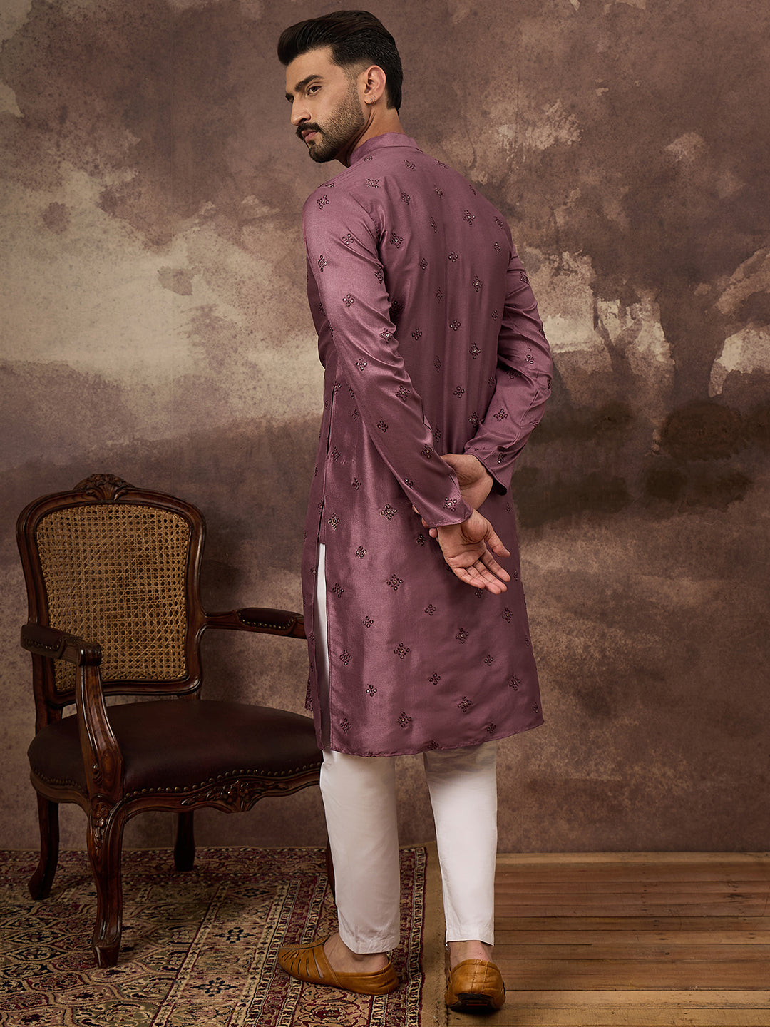 Men Mavue Silk Blend Solid Embroidered Straight Kurta with Trouser-MKSET1368