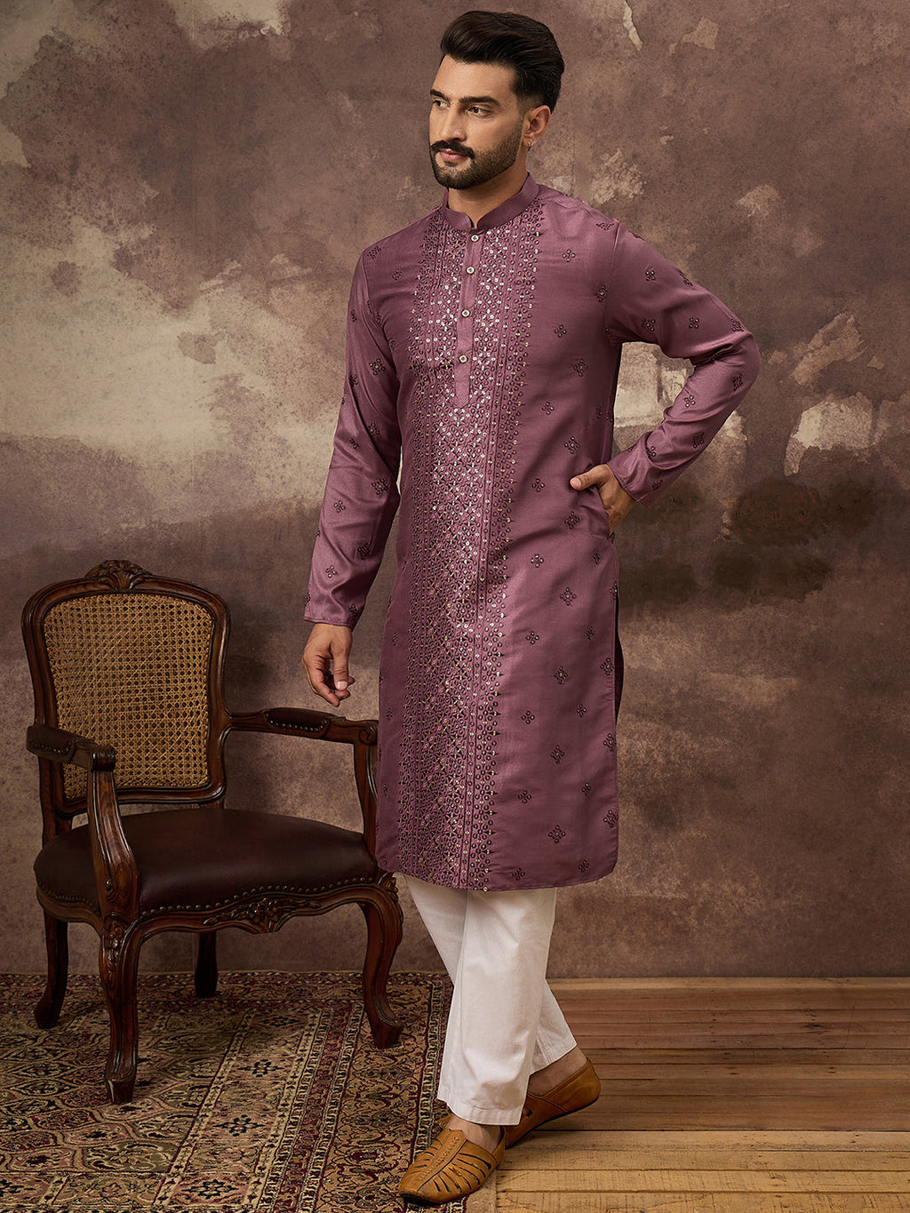 Men Mavue Silk Blend Solid Embroidered Straight Kurta with Trouser-MKSET1368