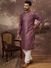 Men Mavue Silk Blend Solid Embroidered Straight Kurta with Trouser-MKSET1368