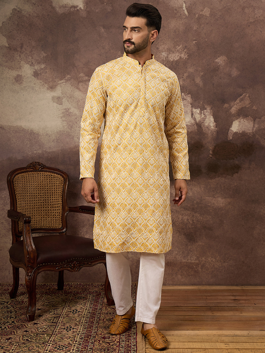 Men Yellow Viscose Rayon Solid Embroidered Straight Kurta with Trouser-MKSET1385
