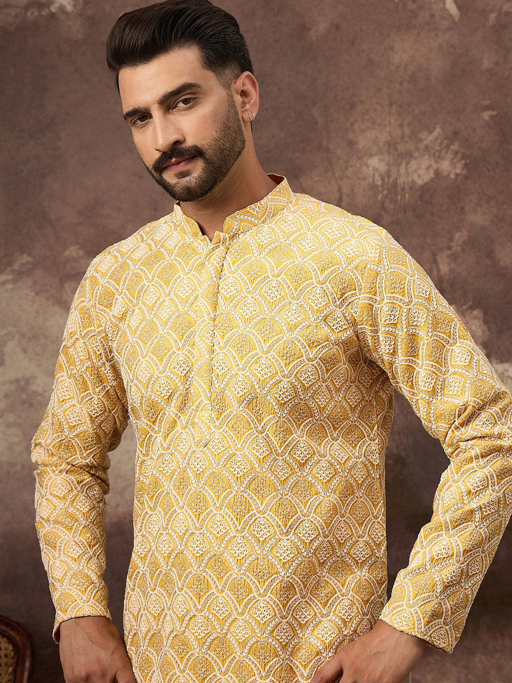 Men Yellow Viscose Rayon Solid Embroidered Straight Kurta with Trouser-MKSET1385