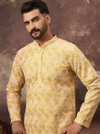 Men Yellow Viscose Rayon Solid Embroidered Straight Kurta with Trouser-MKSET1385
