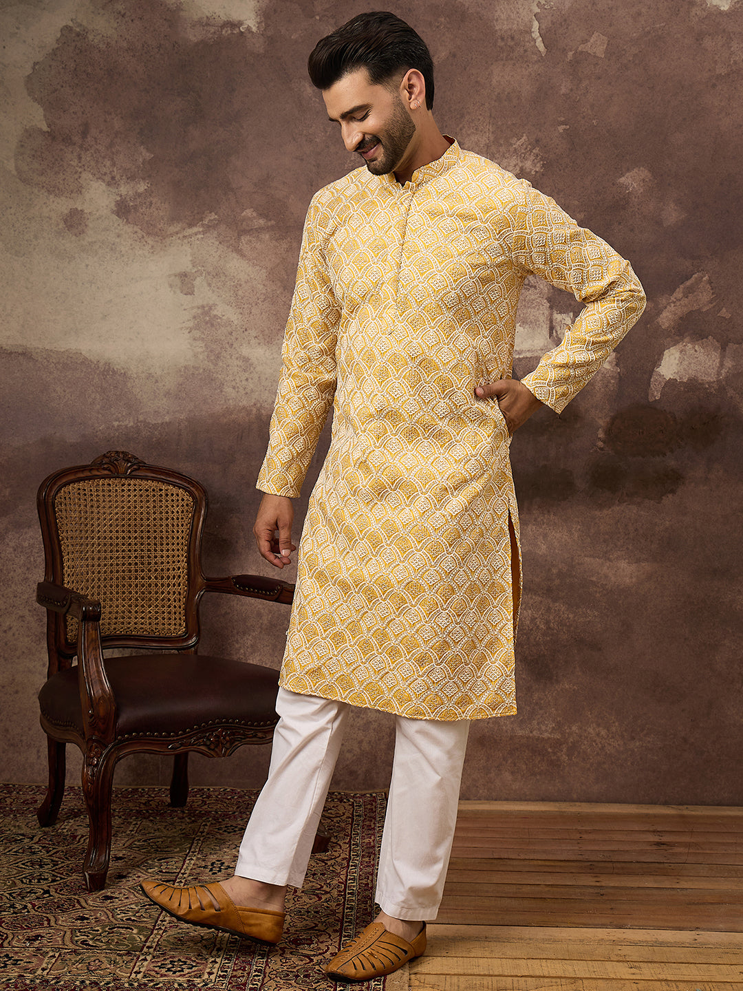 Men Yellow Viscose Rayon Solid Embroidered Straight Kurta with Trouser-MKSET1385