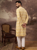 Men Yellow Viscose Rayon Solid Embroidered Straight Kurta with Trouser-MKSET1385