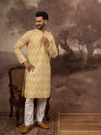 Men Yellow Viscose Rayon Solid Embroidered Straight Kurta with Trouser-MKSET1385