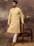Men Yellow Viscose Rayon Solid Embroidered Straight Kurta with Trouser-MKSET1385