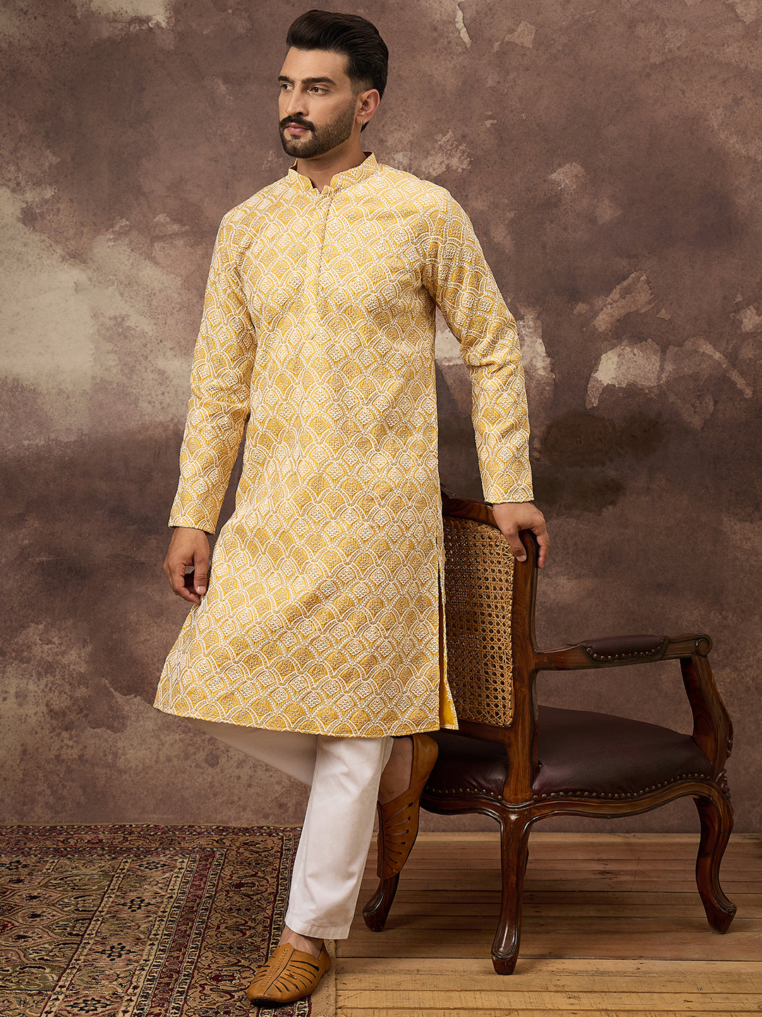 Men Yellow Viscose Rayon Solid Embroidered Straight Kurta with Trouser-MKSET1385
