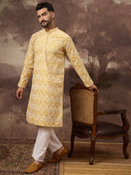 Men Yellow Viscose Rayon Solid Embroidered Straight Kurta with Trouser-MKSET1385