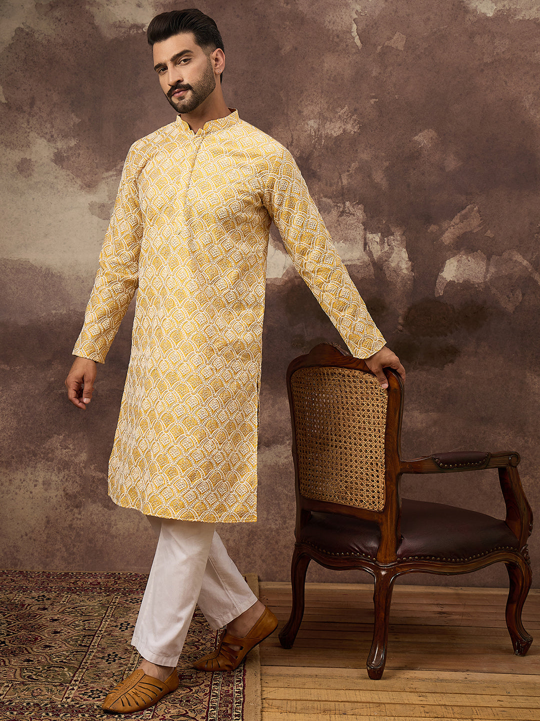 Men Yellow Viscose Rayon Solid Embroidered Straight Kurta with Trouser-MKSET1385