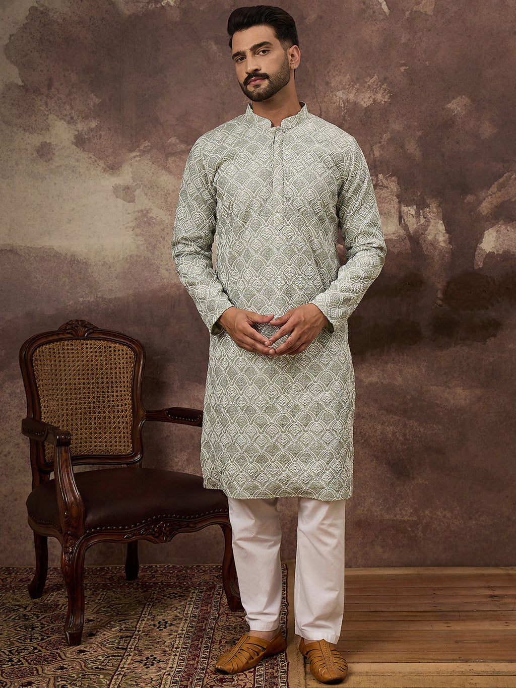 Men Green Viscose Rayon Solid Embroidered Straight Kurta with Trouser-MKSET1386